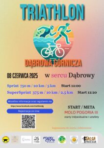 Plakat zapowiadający Dąbrowski triathlon 08.06.2025