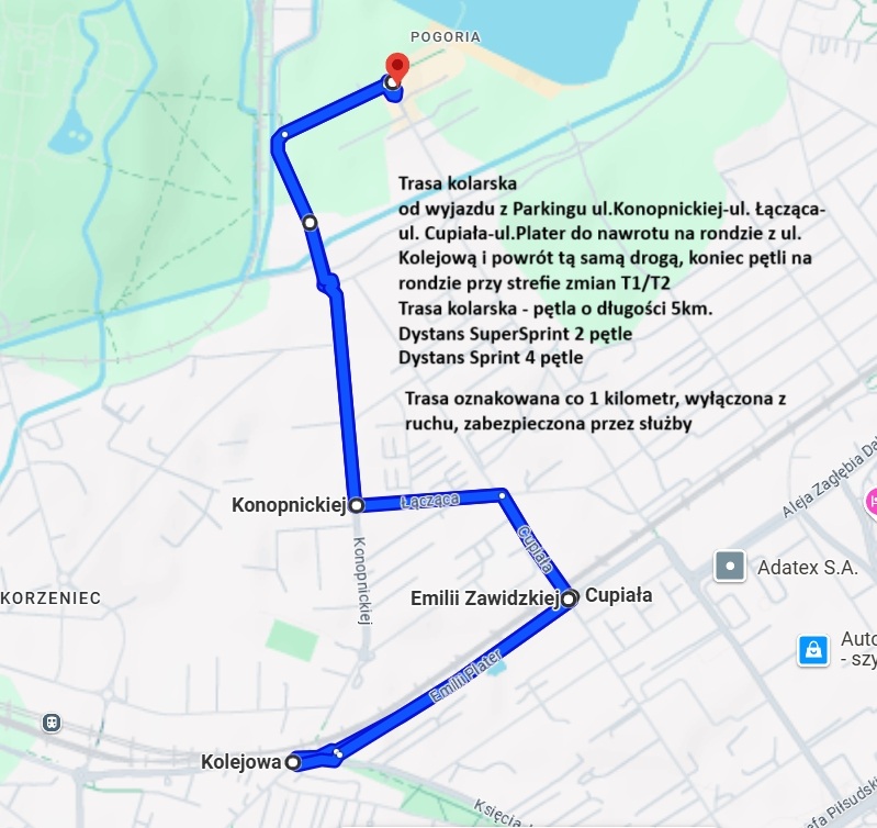 Mapa trasy rowerowej Triathlonu Dąbrowskiego