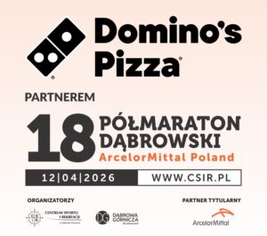 Grafika promująca Domino's jako Partnera 18. Półmaratonu Dąbrowskiego ArcelorMittal Poland